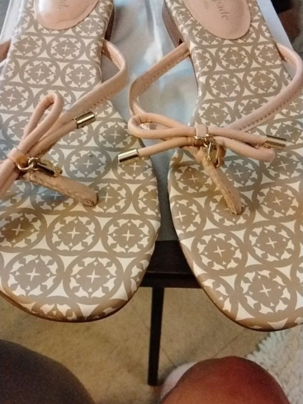kate spade Blush Pink Bow Toe-Post Sandals with Gold Accents
